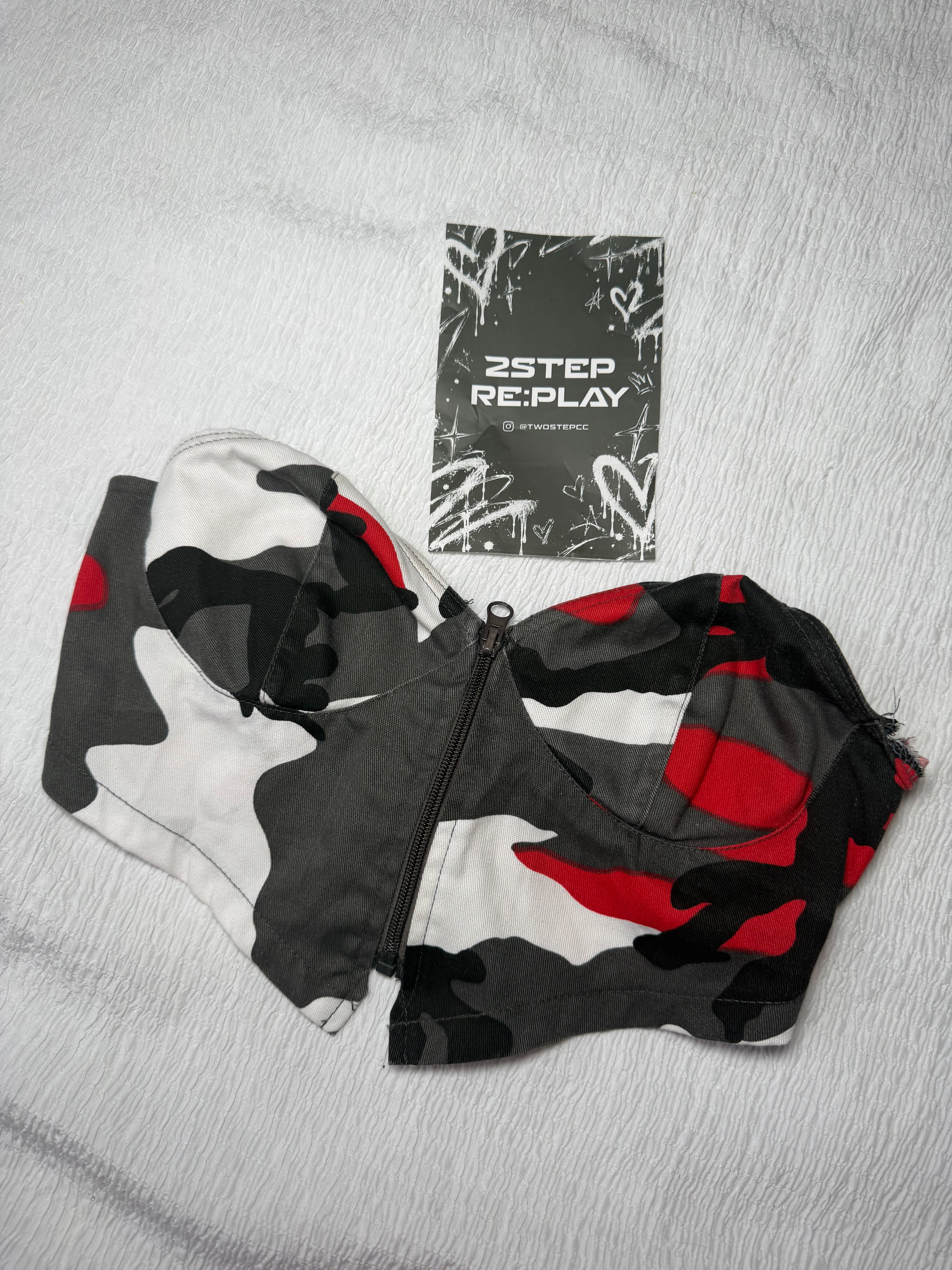 RED CAMO ZIP-UP BANDEAU TOP
