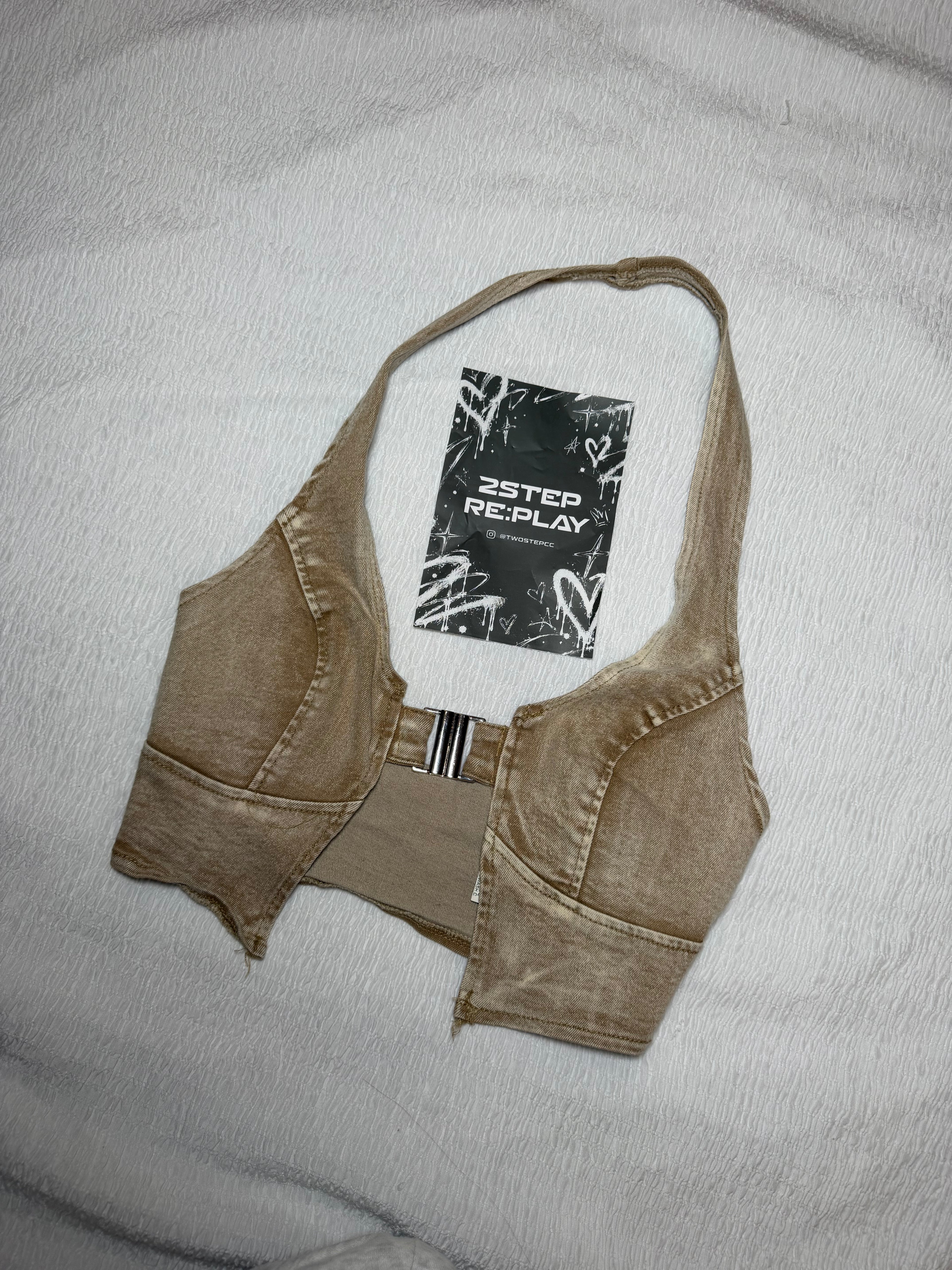 TAN DENIM HALTER CROP TOP