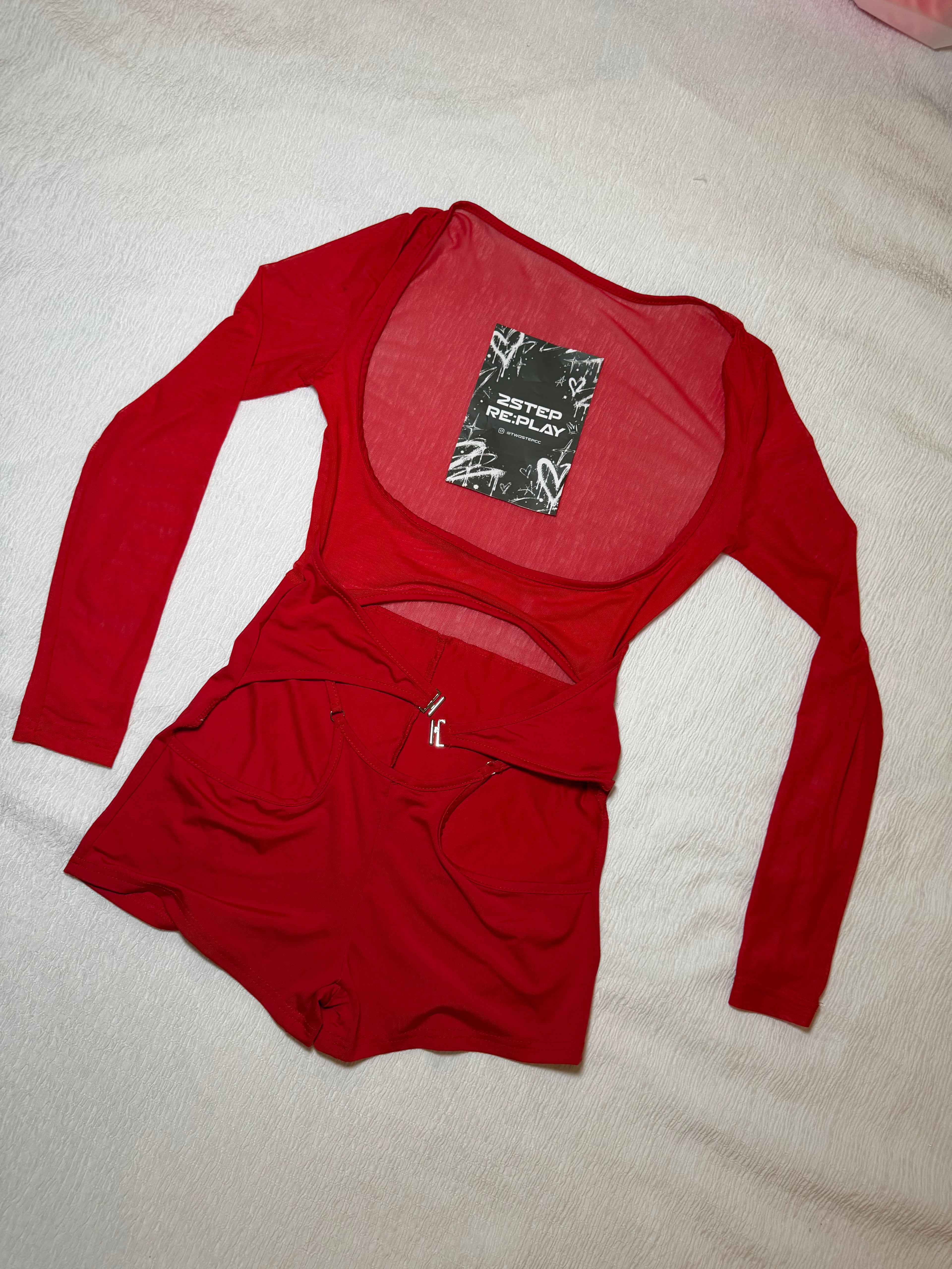 RED ALERT MESH CUT-OUT PLAYSUIT